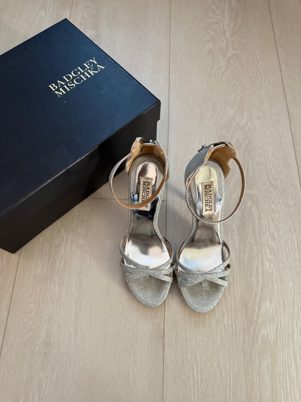 Badgley Mischka Glittery Silver Ankle-Strap Sandals